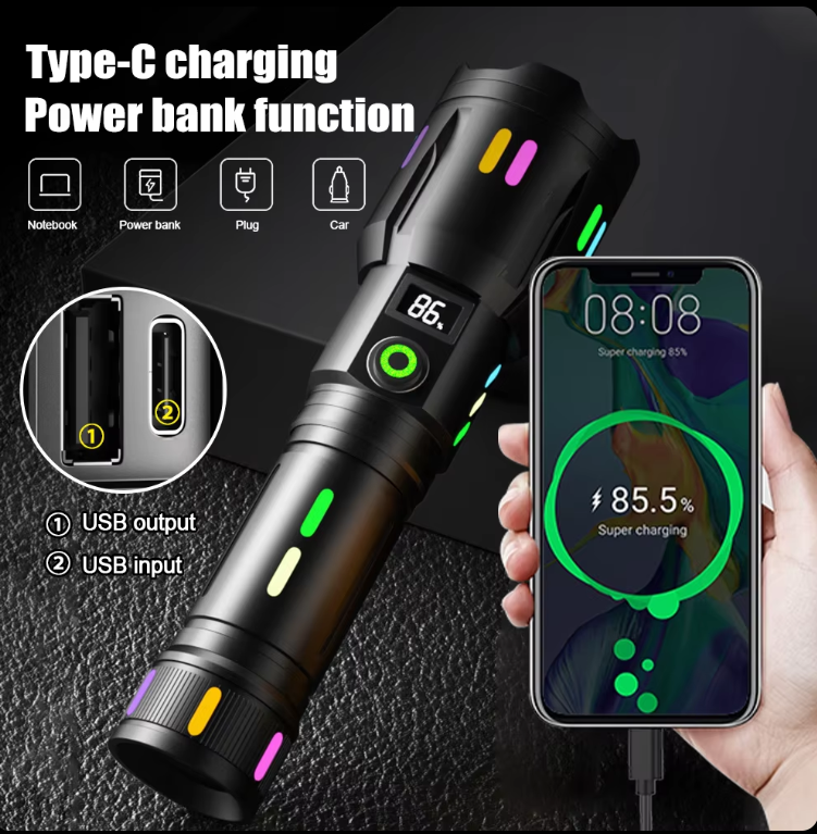 COBA হোয়াইট লেজার রিচার্জেবল ফ্ল্যাশলাইট (Power Bank & Digital Display) – অন্ধকারে বডি জ্বলে (Model: CB-G672D)